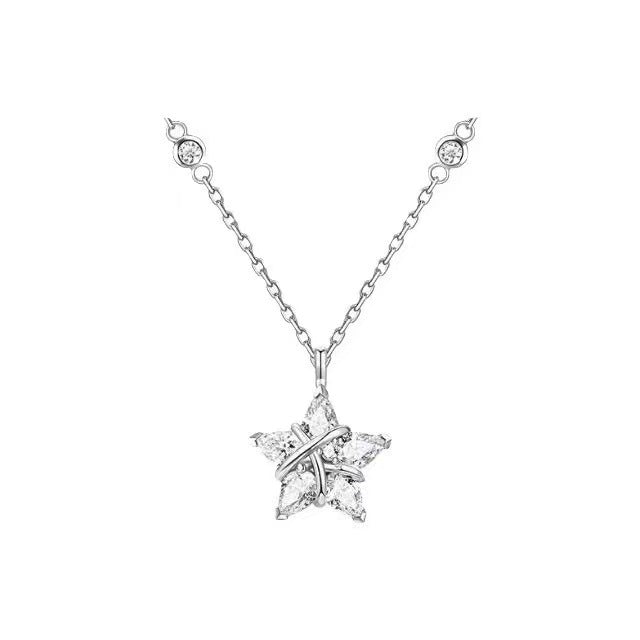Wrapped Star Full Diamond S925 Silver Necklace, Gold & Silver Two-Tone Star Pendant Choker, Luxury Versatile Ladies Neck Chain