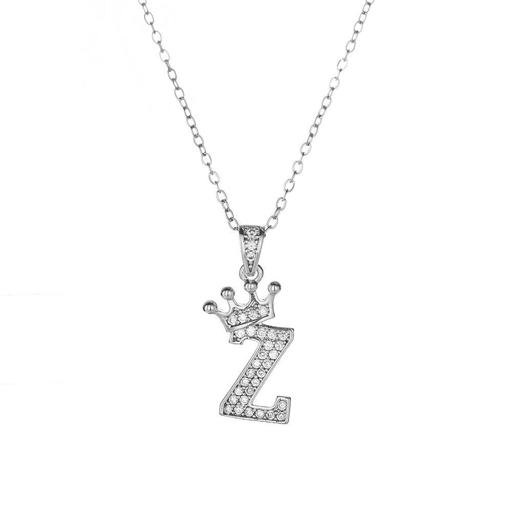 Crown Paved Diamond Initial Letter Necklace, 14K Gold Plated Personalized Dainty Chain, A-Z Available