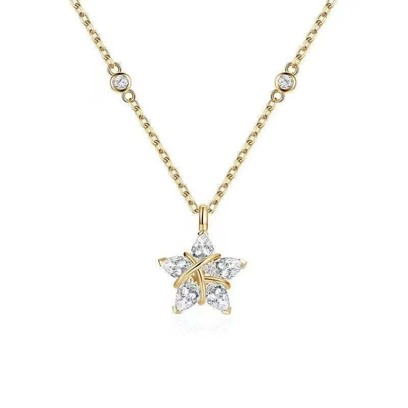 Wrapped Star Full Diamond S925 Silver Necklace, Gold & Silver Two-Tone Star Pendant Choker, Luxury Versatile Ladies Neck Chain