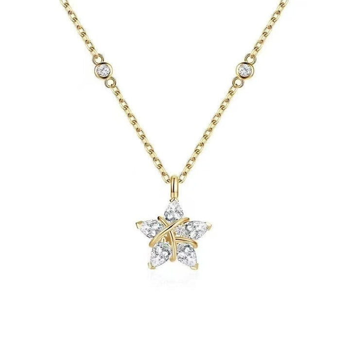 Wrapped Star Full Diamond S925 Silver Necklace, Gold & Silver Two-Tone Star Pendant Choker, Luxury Versatile Ladies Neck Chain