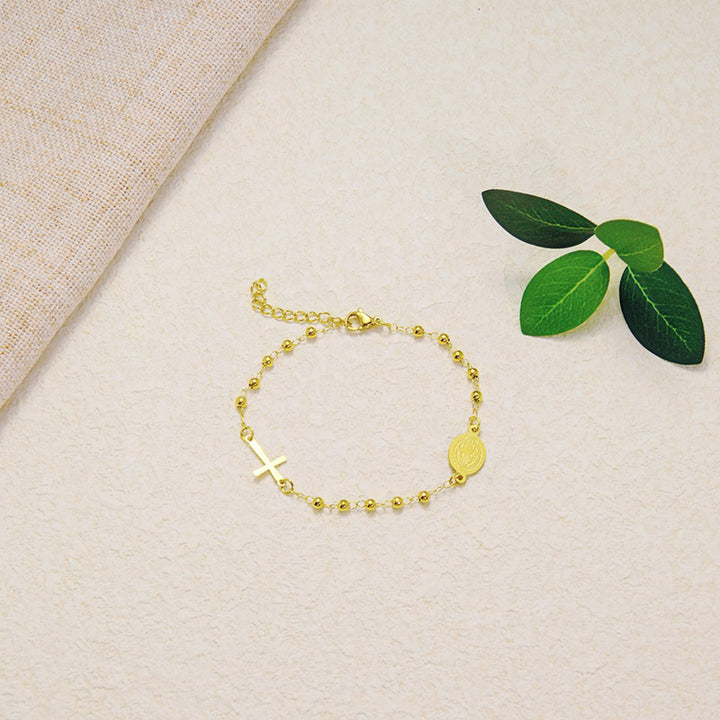 Beaded Chain Cross & Saint Medal Bracelet, Gold & Silver Minimal Religious Jewelry