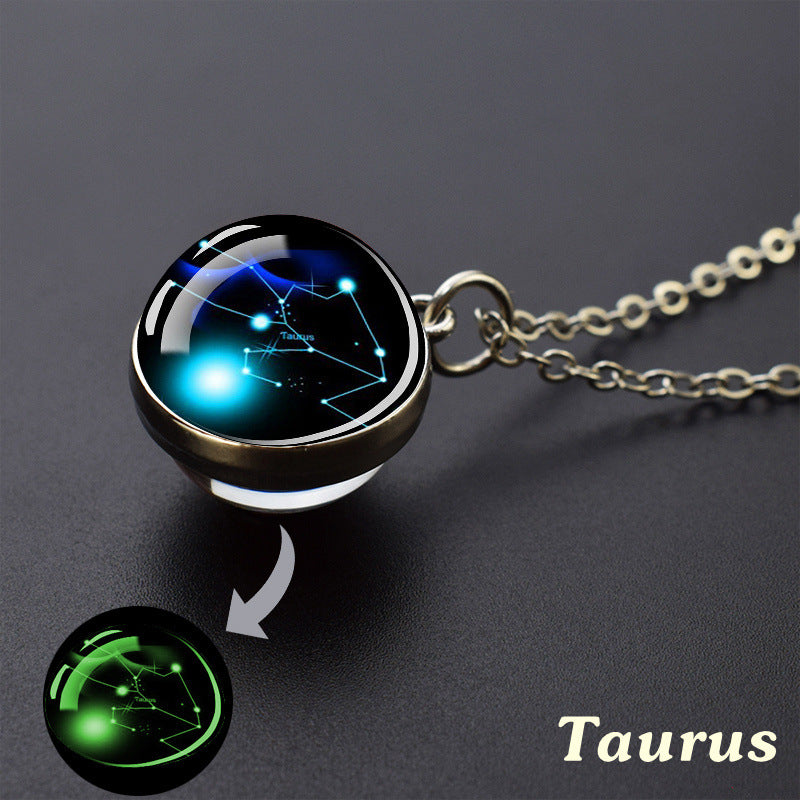 12 Constellations Double‑Sided Glass Ball Pendant Necklace