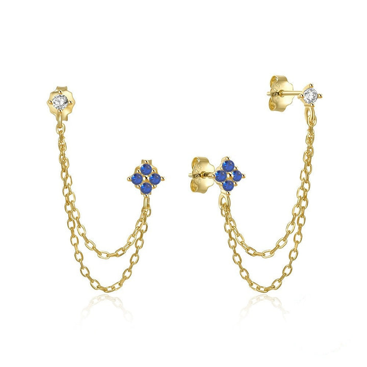 S925 Silver Two-hole Double Chain Flower Diamond Stud Earrings, Multi-color Double Layer Chain Tassel Earrings