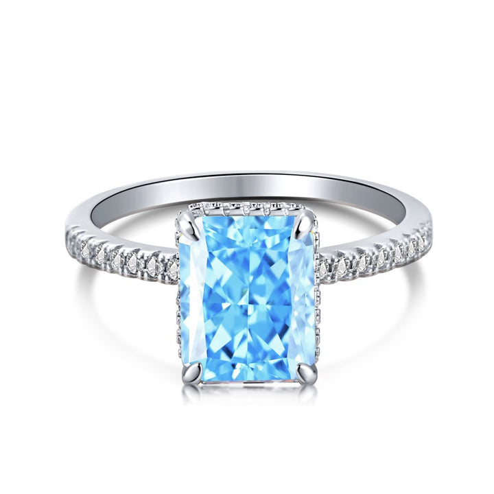 Radiant Cut Rectangular Gemstone Four-Prong Ring, Paved Shank Luxury Engagement Gem Band Multiple Colors