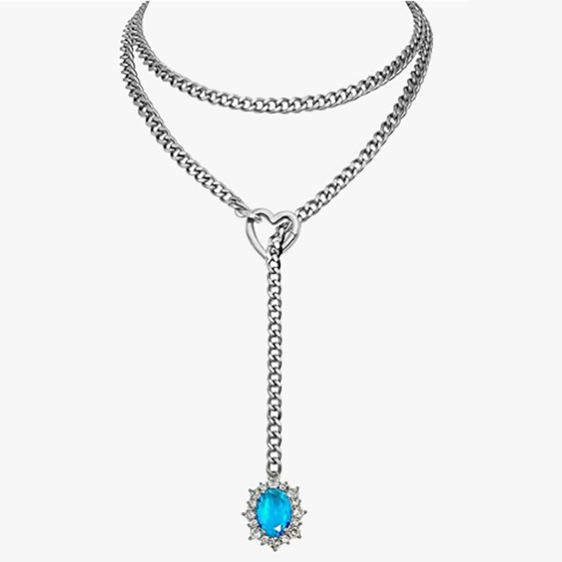 Double Layer Heart Clasp Colored Gem Y-Necklace