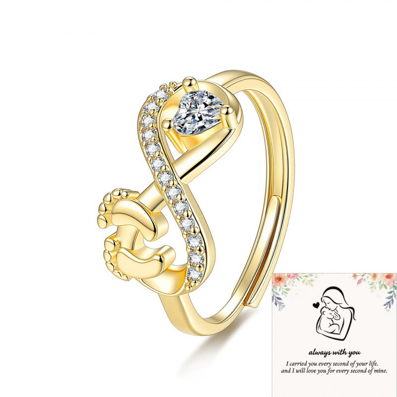 S925 Silver Heart Diamond Baby Footprint Open Ring (Luxury Memorial Band)