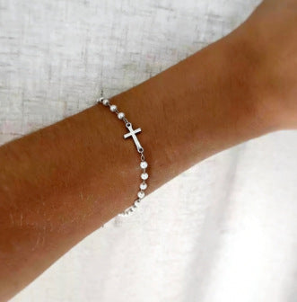 Pearl & Cross Necklace & Bracelet Set (Light Luxury Minimalist Elegance Style)