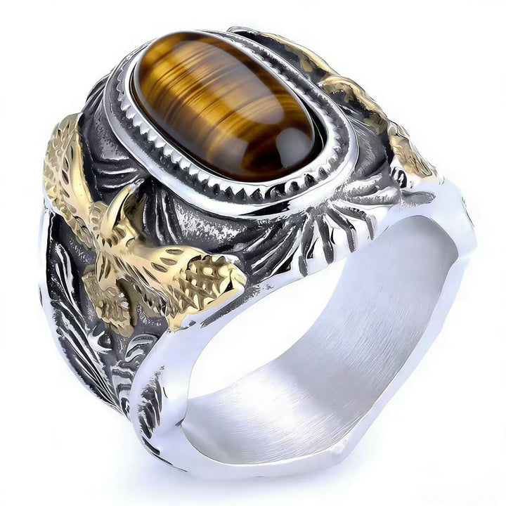 Western Style 3D Eagle Embossed Oval Gemstone Signet Ring, S925 Silver 3 Finishes Turquoise & Tiger Eye Vintage Wide Band For Men