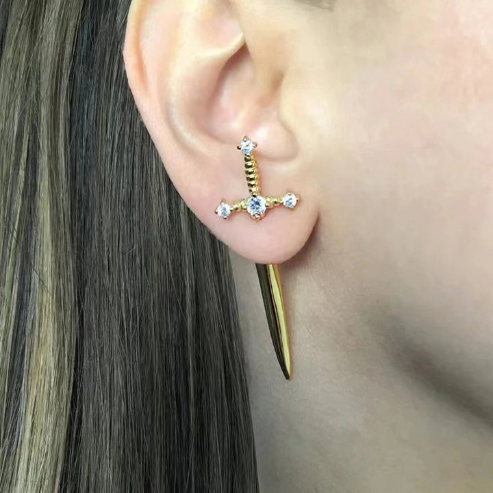 Cross‑Sword Black Diamond Stud Earrings