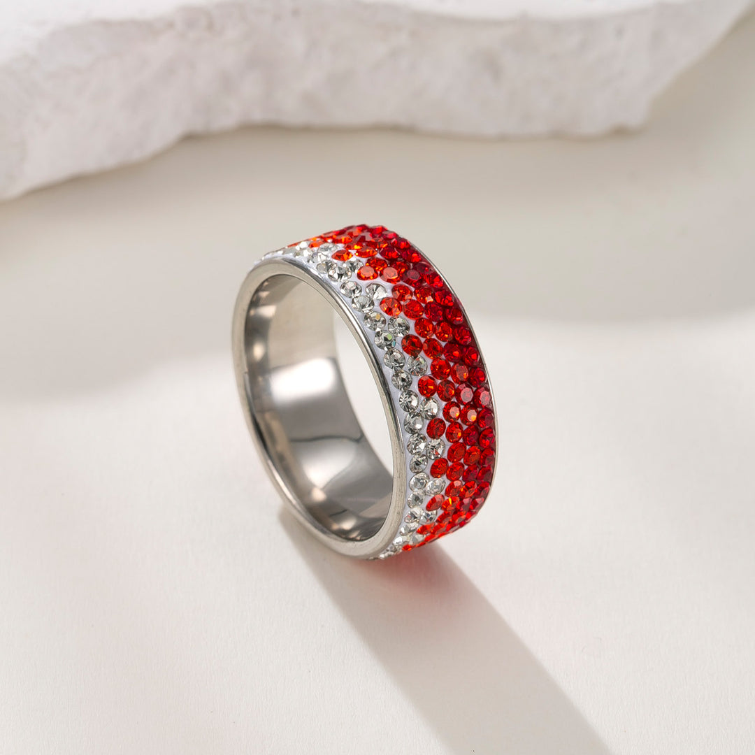 Multi-Row Paved Crystal Wide Titanium Steel Ring, Solid & Gradient Rhinestone Waterproof Band Gold Silver Black Couple Jewelry