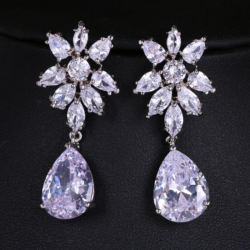 Snowflake Diamond Cluster Teardrop Drop S925 Silver Earrings, Multi-color Gem Long Evening Earrings