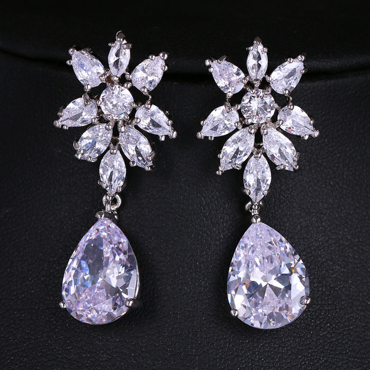 Snowflake Diamond Cluster Teardrop Drop S925 Silver Earrings, Multi-color Gem Long Evening Earrings