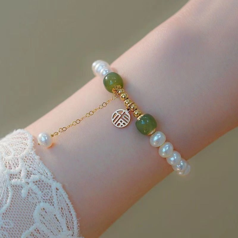 Soft Style Pearl Dainty Bracelets, Multi-Tone Peach/Tag/Coin/Red Bead/Green Jade Minimal Wrist Beads