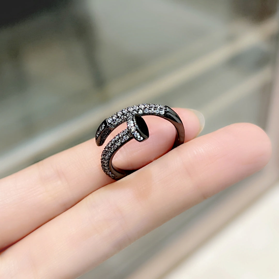 Full Pave Open Nail Shape Ring, Multi-Tone Plated Luxury Spiral Crystal Band