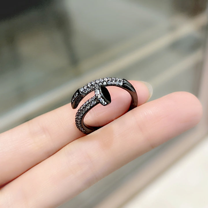 Full Pave Open Nail Shape Ring, Multi-Tone Plated Luxury Spiral Crystal Band