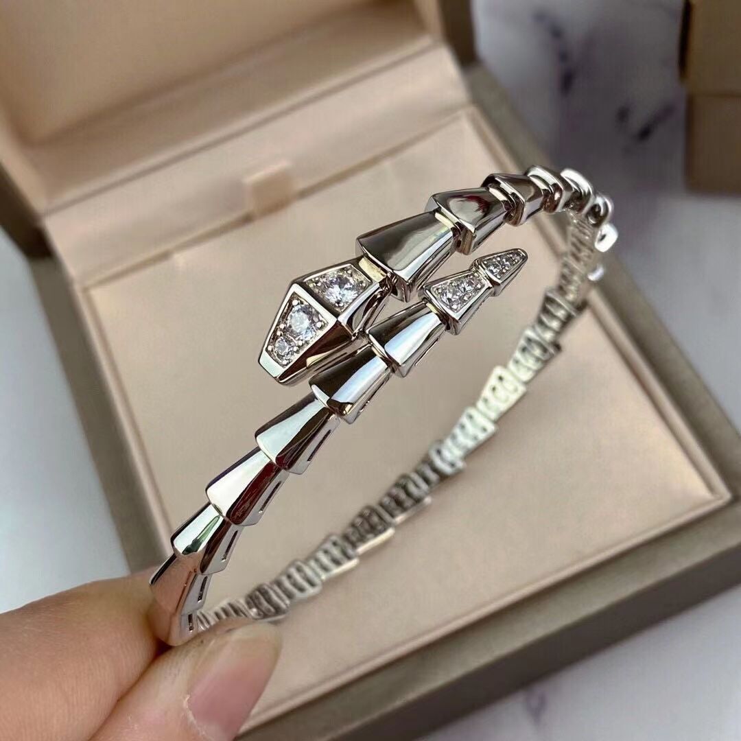 Segmented Snake Diamond Open Bangle, Gold Silver Rose Gold Paved Rhinestone Serpent Cuff Bracelet