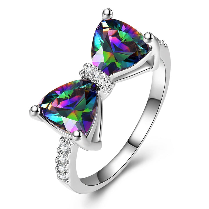 Triangle Stone Bow Pave Ring, Multi-Color Gem Silver/Rose Gold Luxury Feminine Band
