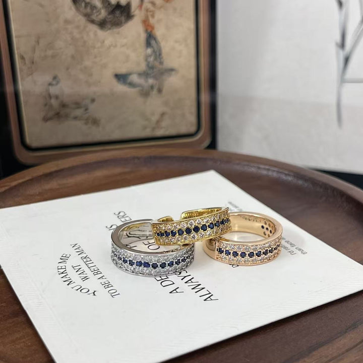 Three-Layer Color Contrast Paved Diamond Open Ring, Adjustable Thin Band Colorful Diamond Statement Ring