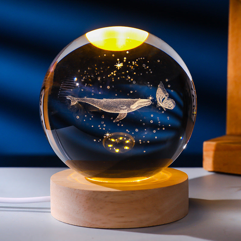 3D Laser Engraved Glowing Crystal Ball Ornament, Multi-Pattern Solid Wood Warm LED Base Night Light Gift