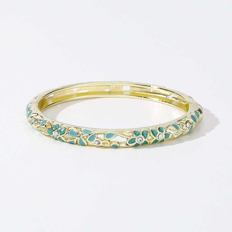 Hollow‑Out Enamel Floral Inlaid Diamond Spring‑Opening Bangle, Multi‑Color Options