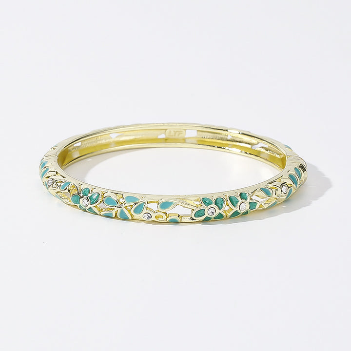 Hollow‑Out Enamel Floral Inlaid Diamond Spring‑Opening Bangle, Multi‑Color Options
