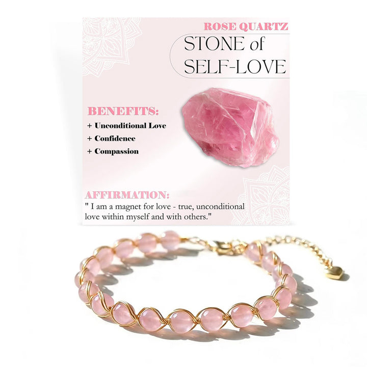 Hand‑Wrapped Natural Crystal Bracelet With Heart‑Shaped Extender, 4 Colors Available