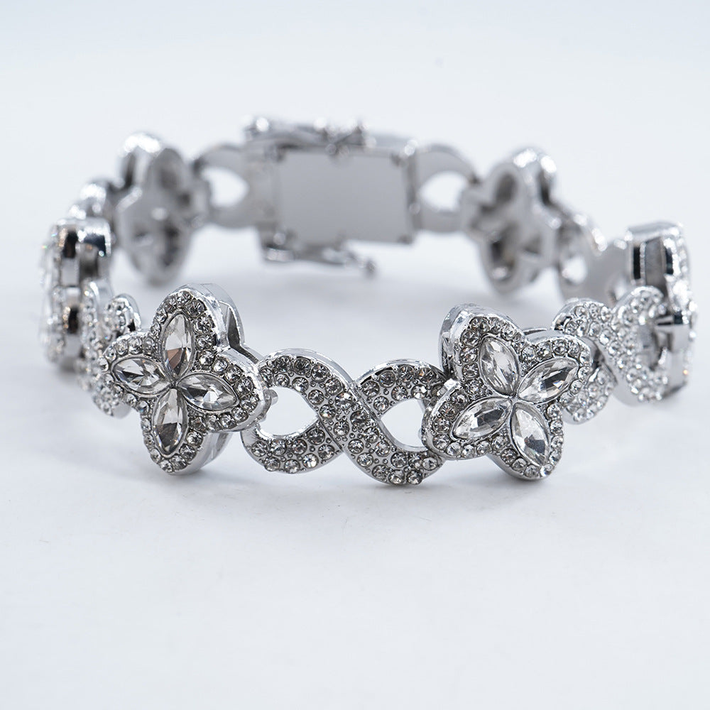 Infinity Knot Clover Clear Diamond Jewelry Set, Gold & Silver Tone Luxury Pave White Gemstone Bracelet & Necklace