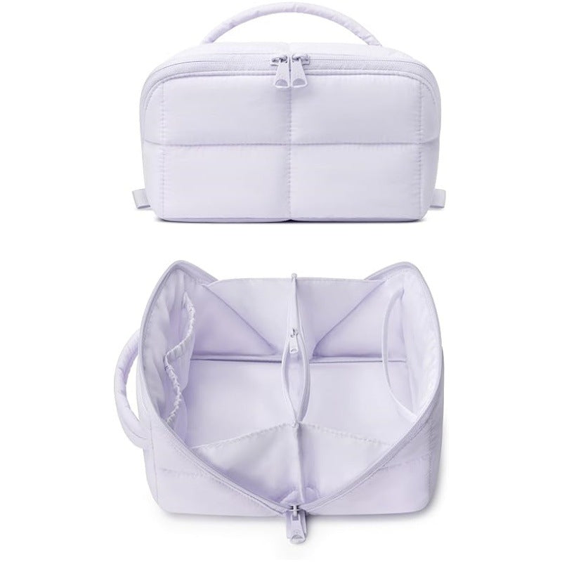 Solid Color Quilted Divided Handheld Makeup Bag, Large Capacity Multi-Compartment Portable Toiletry Storage Case