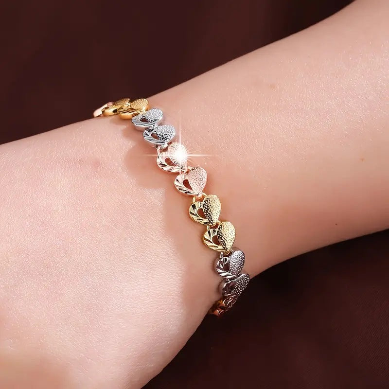 Textured Heart Link Bracelet, 3 Colors Hollow Love Chain for Women