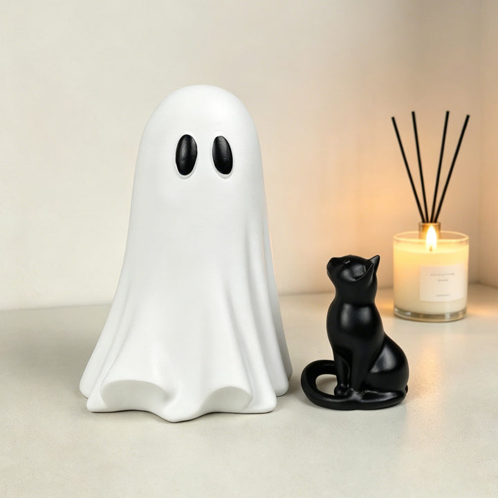 Ghost With Interchangeable Black Cat Figurine, Halloween Home Decor