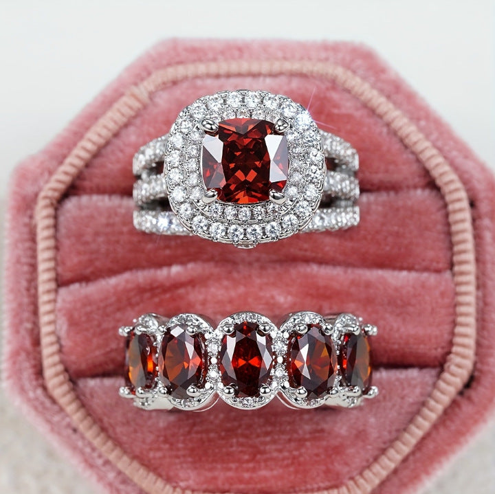 Luxury Two‑Piece Halo Ring Set, S925 Silver Multi‑Color Center Stone Women’s Engagement Ring Set in Gold & Silver Tone
