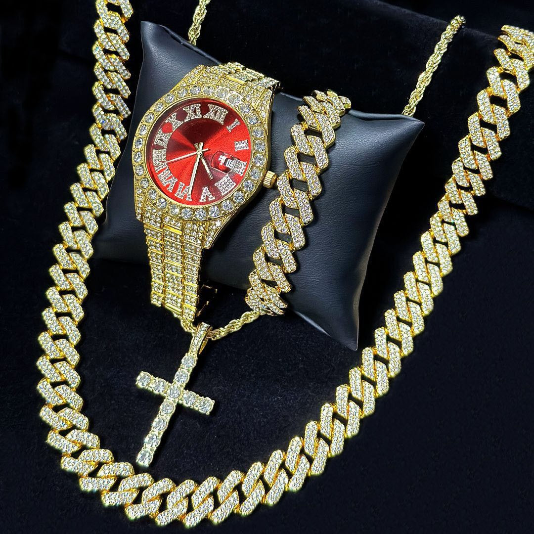 Men's Iced Out Jewelry 4-Piece Set, Hip Hop Diamond Watch with Calendar + Cuban Bracelet + Cross Pendant Necklace Gift Set