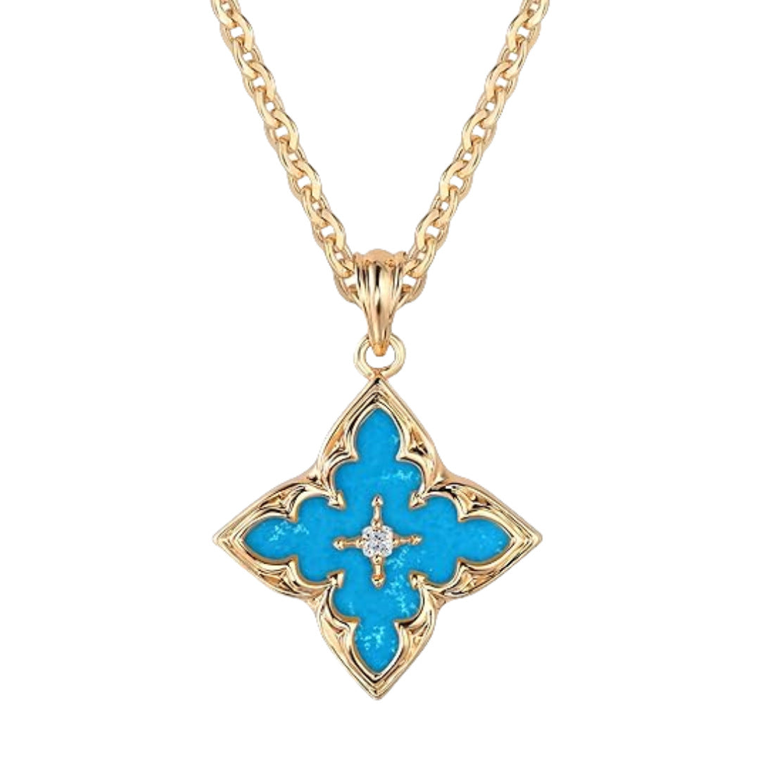 Vintage Four-Leaf Clover Gemstone Necklace, S925 Sterling Silver Multi-Stone Rhombus Pendant Jewelry