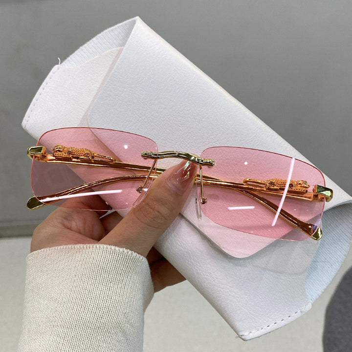 Luxury Leopard Carved Rimless Cut Sunglasses, Multi Gradient UV Protection Shades