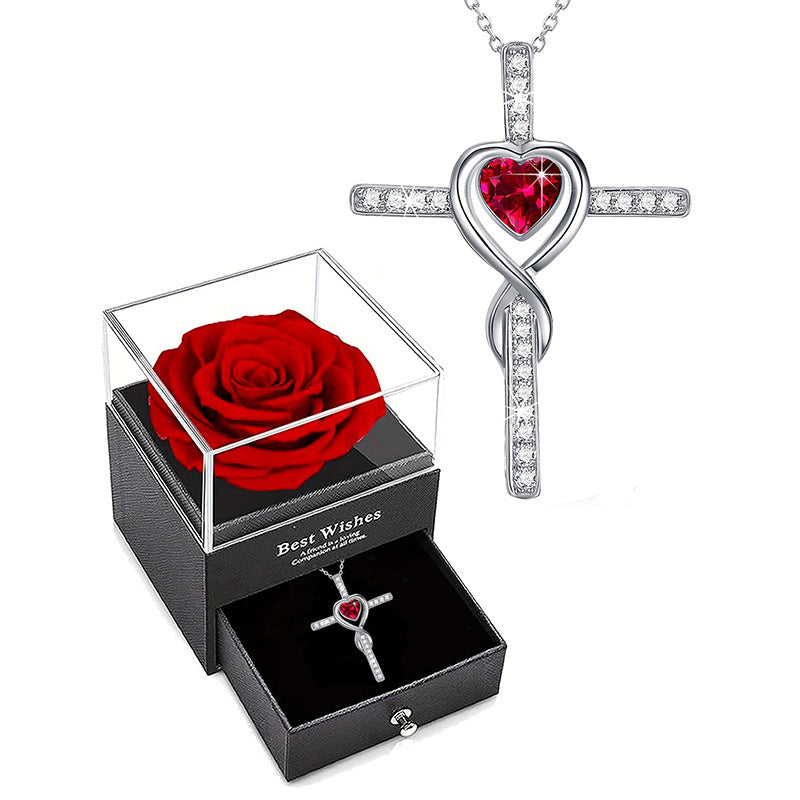 Infinity Heart Diamond Necklace, 3 Gem Color Preserved Rose Gift Box Set