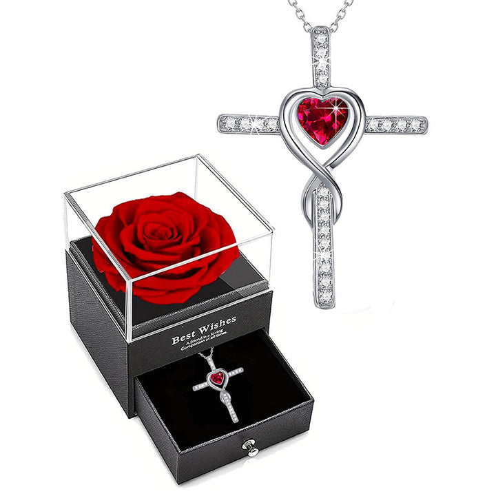 Infinity Heart Diamond Necklace, 3 Gem Color Preserved Rose Gift Box Set