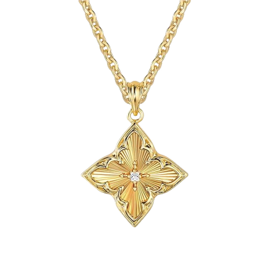 Vintage Four-Leaf Clover Gemstone Necklace, S925 Sterling Silver Multi-Stone Rhombus Pendant Jewelry