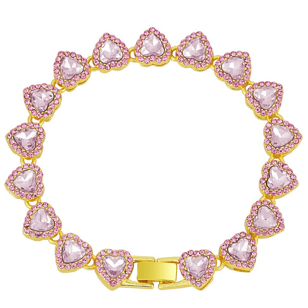Full Paved Heart Chain Bracelet & Necklace Set, Sweet Style Dual-tone Heart Halo Diamond Matching Jewelry for Women & Couples
