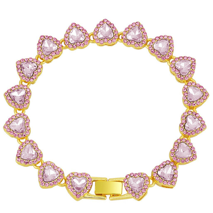 Full Paved Heart Chain Bracelet & Necklace Set, Sweet Style Dual-tone Heart Halo Diamond Matching Jewelry for Women & Couples