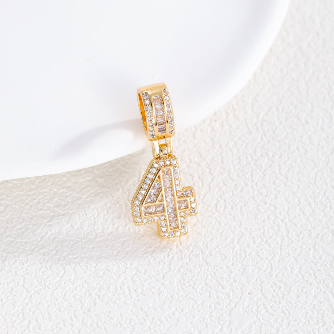 Iced-Out Number Pendant Necklace (Gold Tone Hip-Hop Style Twisted Chain)