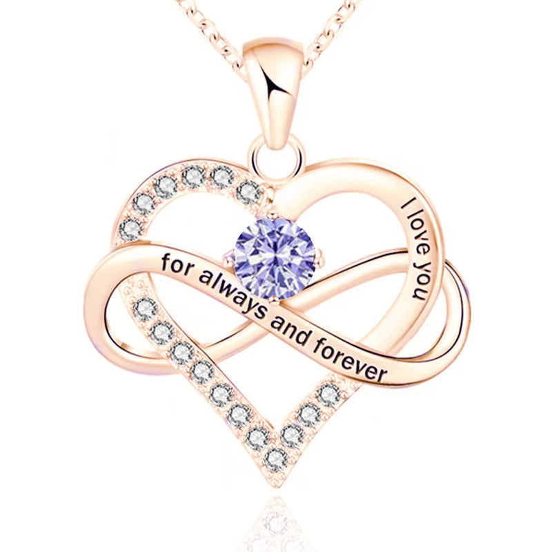 Infinity Intertwined Heart Engraved Birthstone Necklace, Eternal Love Heart Pendant Clavicle Chain with Birthstone