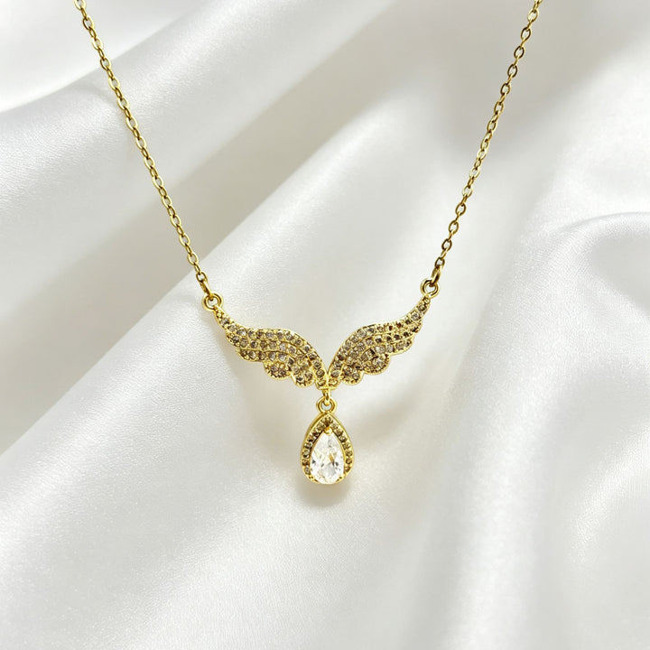 Angel Wing Teardrop Diamond Collarbone Necklace, Multiple Wing Styles Pink & White Diamond 14K Gold Plated Dainty Ladies Necklace