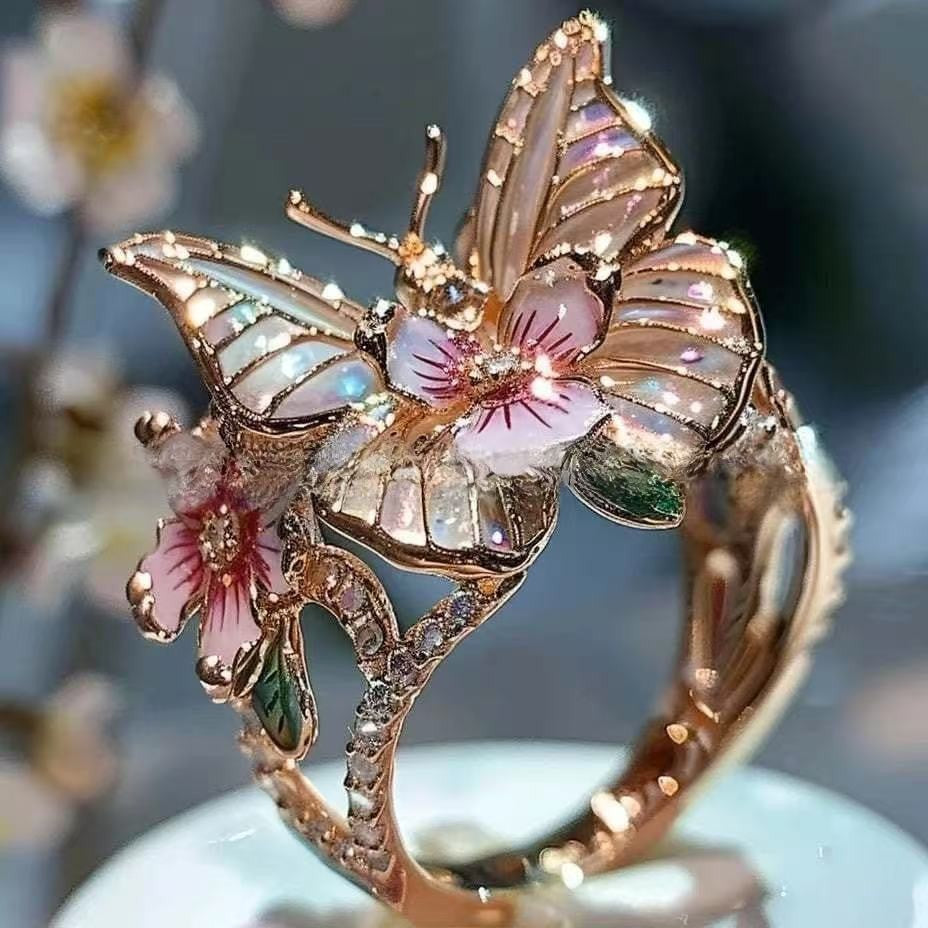 Enamel Butterfly & Flower 3D Open Ring, 3-Tone Vintage Forest Style Paved Diamond Artistic Statement Ring for Women