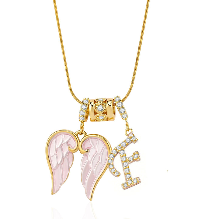 Pink Enamel Angel Wing Initial Necklace, Custom 26 Letters Gold Plated Diamond Pendant
