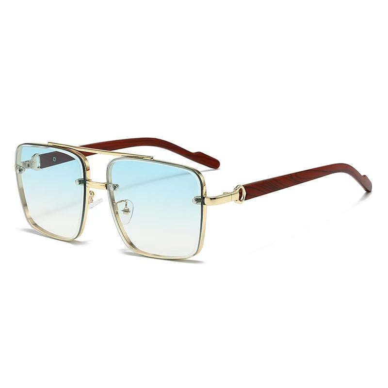 Vintage Double Rim Half-Rim Wood Grain Metal Aviator Sunglasses, Multi Gradient Lens Outdoor Shades