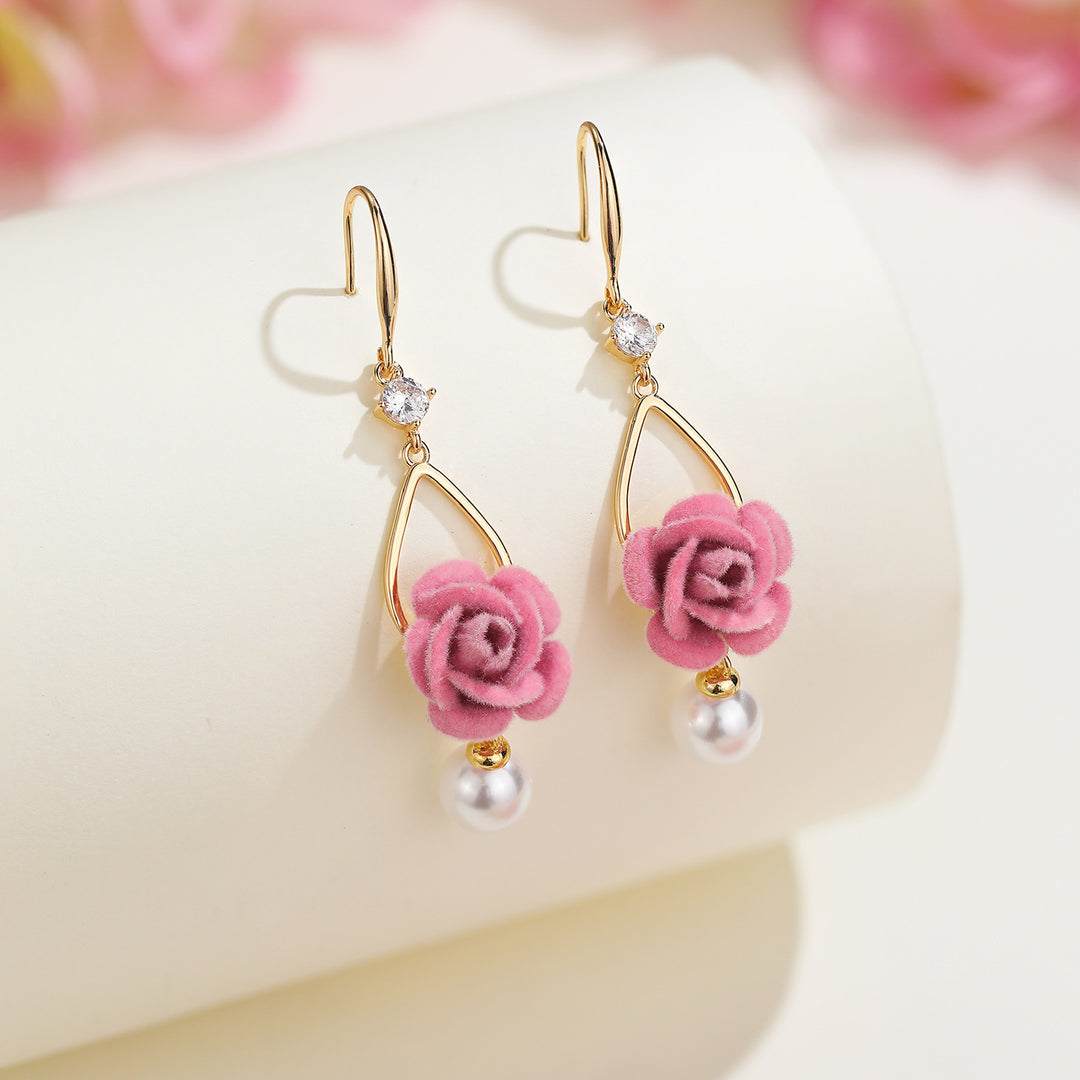 Flocking Rose Pearl Hook Earrings, Gentle Red & Pink Rose Diamond Long Dangle Earrings, Two Colors Available