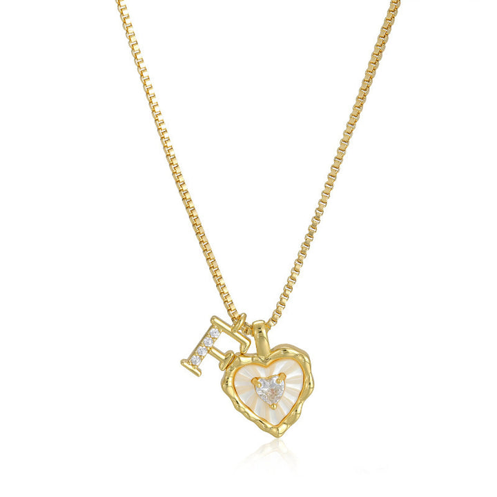 White Shell Heart Initial Necklace, Wavy Edge Mother of Pearl Pendant with Heart Diamond, Custom 26 Letters Gold Box Chain