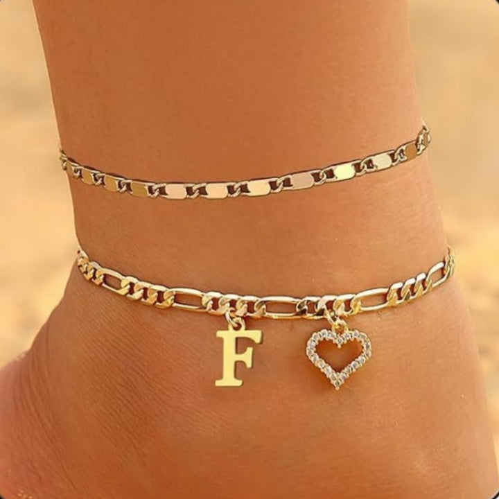 Double Layer Initial & Heart diamond Anklet (Gold Personalized Foot Jewelry)