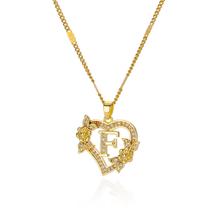 Vintage Flower Heart Pave Crystal Letter Necklace, 316L Stainless Steel 14K Gold Plated Luxury A-Z Initial Pendant Clavicle Chain Niche Jewelry