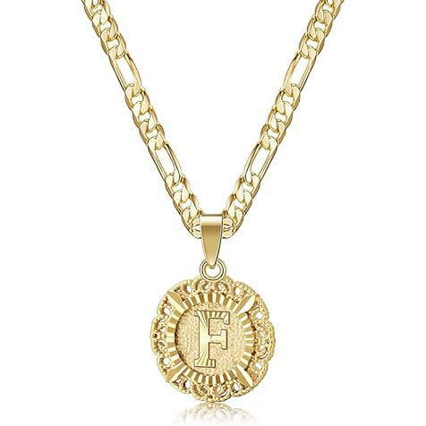 Vintage Lace Round 26 Letter Figaro Necklace, 14K Gold Plated Personal Initial Pendant Clavicle Chain